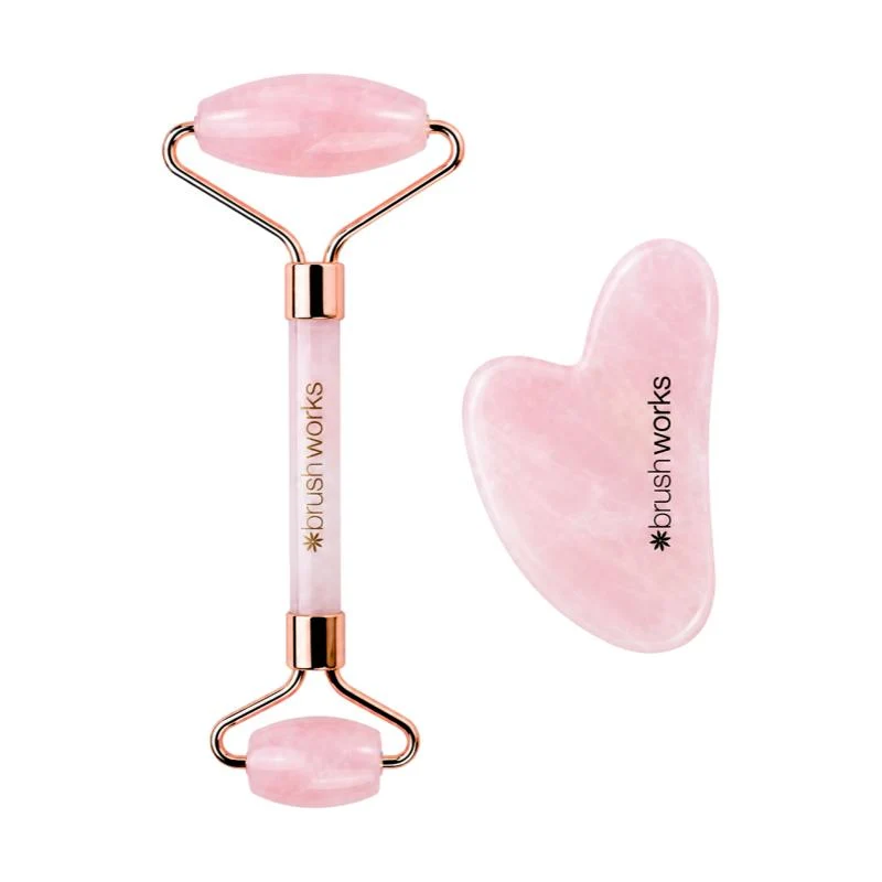 Set Rodillo Facial de Cuarzo Rosa y Gua Sha Brushworks
