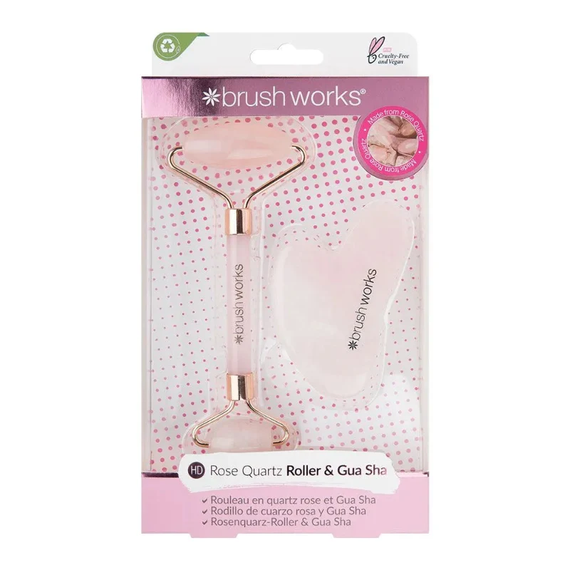 Set Rodillo Facial de Cuarzo Rosa y Gua Sha Brushworks