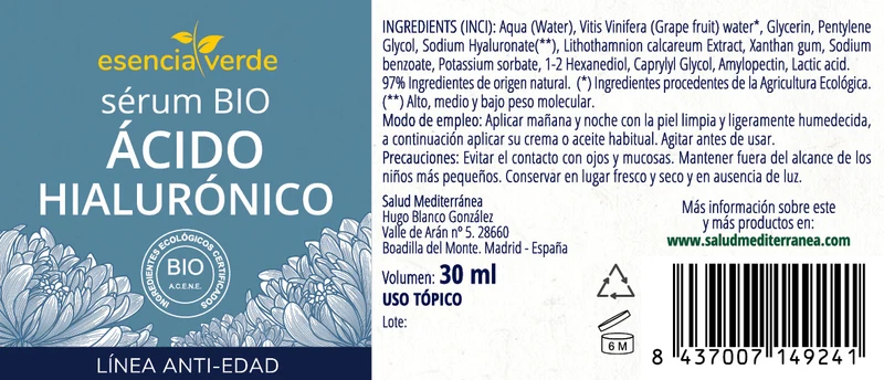 Sérum Ácido Hialurónico BIO - 30 ml. Esencia Verde