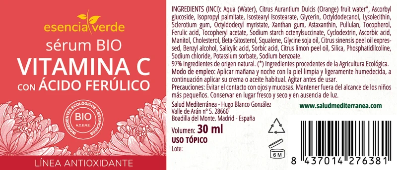 Sérum Vitamina C con Ácido Ferúlico BIO - 30 ml. Esencia Verde