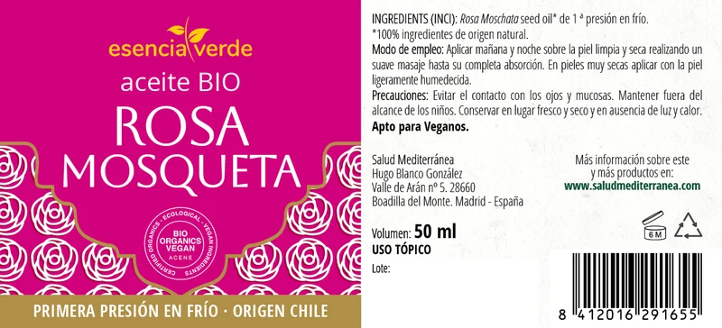 Aceite de Rosa de mosqueta BIO de CHILE - 50 ml. Esencia Verde