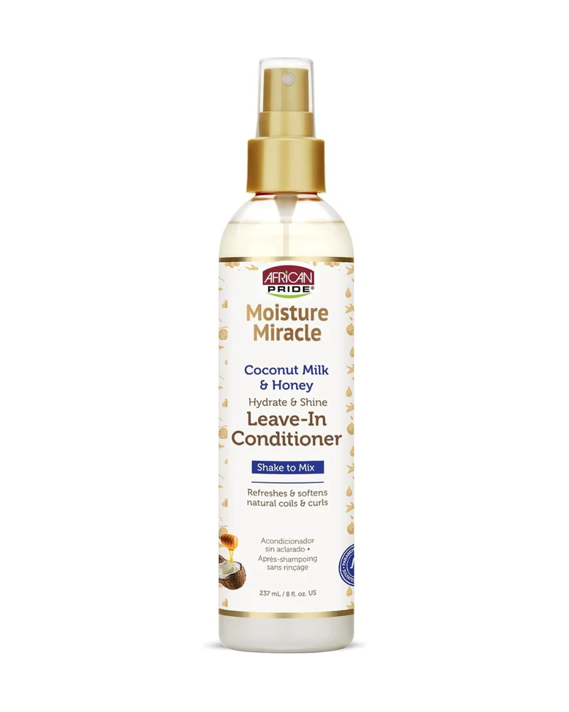 African Pride Moisture Miracle Leche de Coco & Miel – Acondicionador en spray sin aclarado (237 ml) | Hidratación ligera, desenredado y control del encrespamiento
