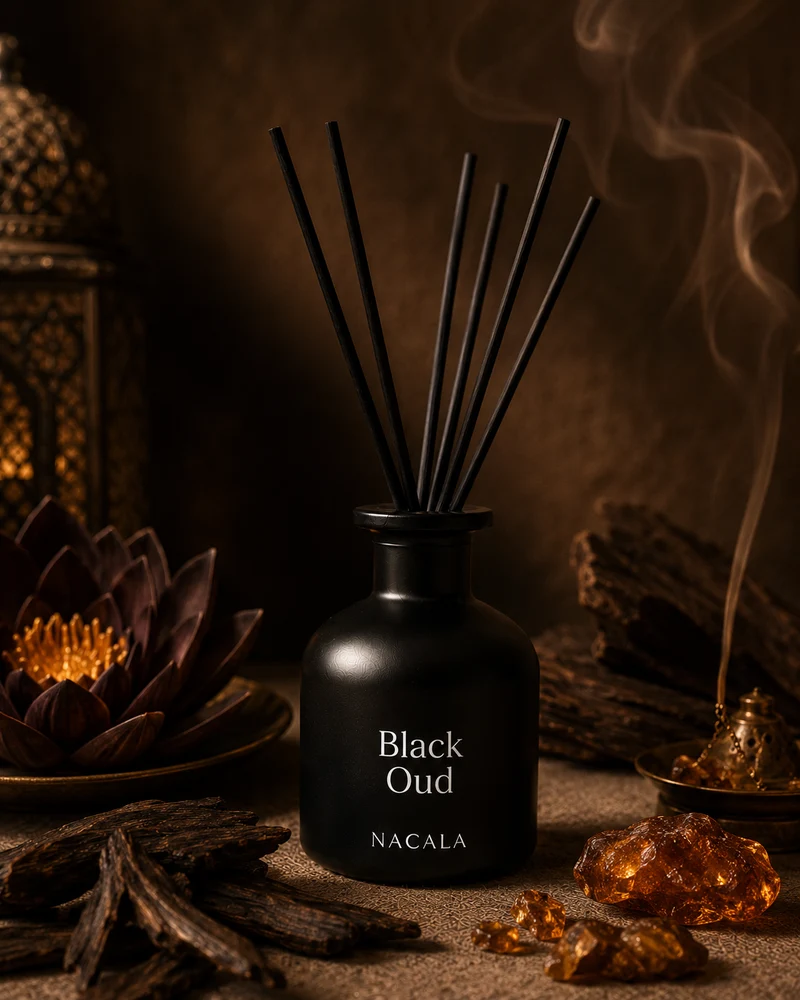 Ambientador NACALA - Black Oud (Spray, Coche o Mikado) - Aroma Amaderado Especiado con Pachulí - Fragancia de Lujo para Despachos, Oficinas y Hoteles
