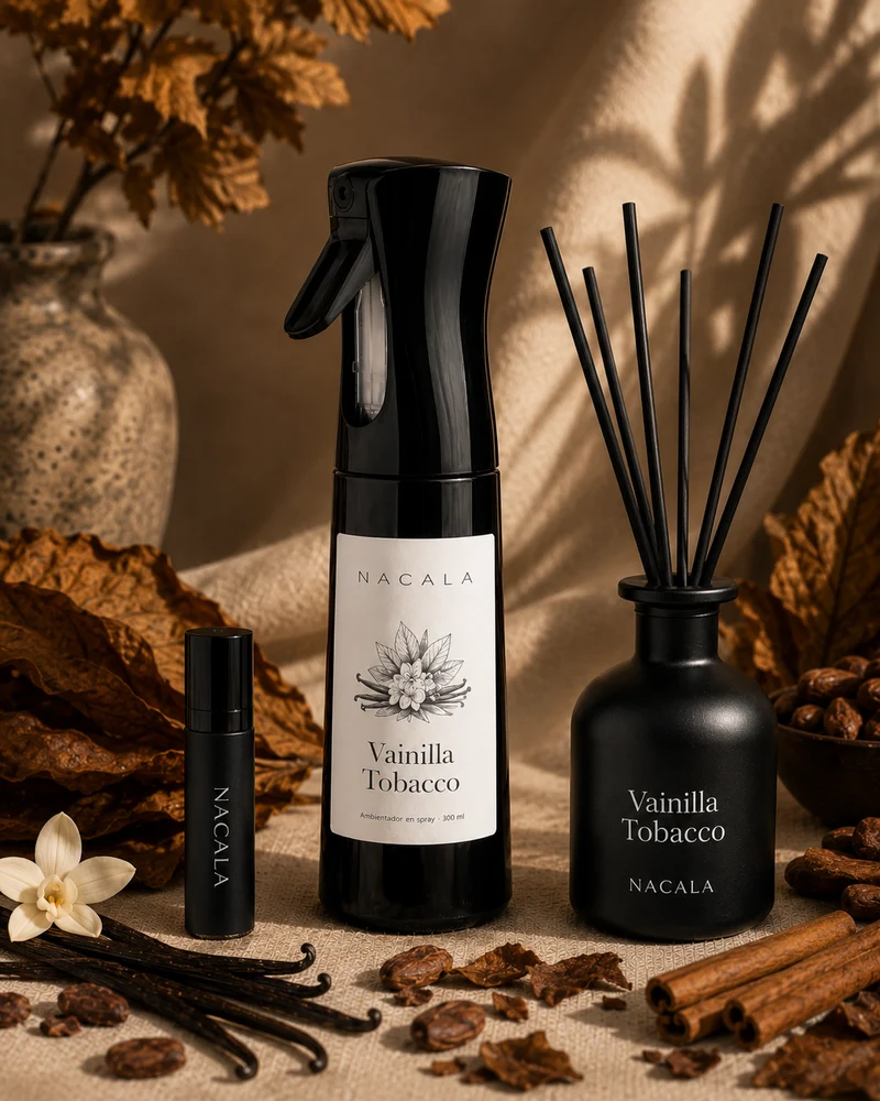Ambientador NACALA - Vainilla Tobacco (Spray, Coche o Mikado) - Olor a Tabaco Especiado, Vainilla y Cacao - Fragancia de Lujo