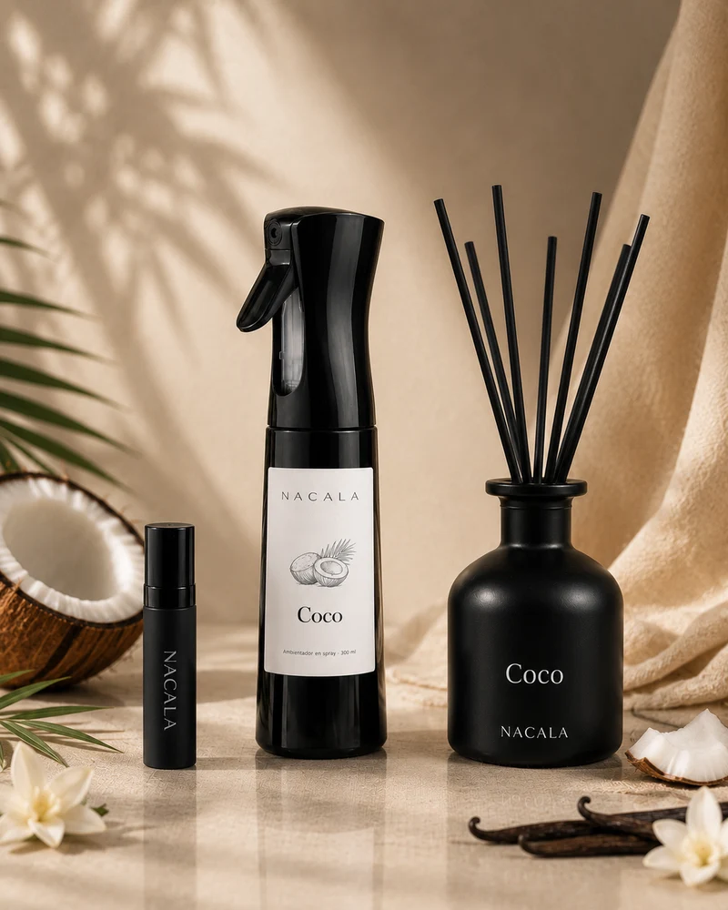 Ambientador NACALA - Coco (Spray, Coche o Mikado) - Aroma Cremoso a Coco, Monoi y Crema- Fragancia Tropical de Verano para Baño, Dormitorio y Spa