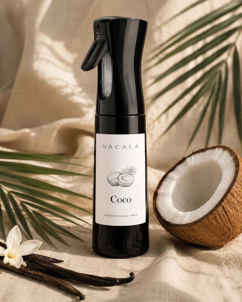 Ambientador NACALA - Coco (Spray, Coche o Mikado) - Aroma Cremoso a Coco, Monoi y Crema- Fragancia Tropical de Verano para Baño, Dormitorio y Spa