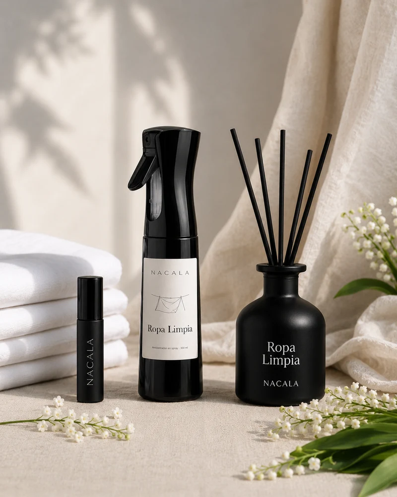 Ambientador NACALA - Ropa Limpia (Spray, Coche o Mikado) - Olor a Sábanas Recién Lavadas, Algodón y Almizcle - Fragancia para Armarios y Dormitorio