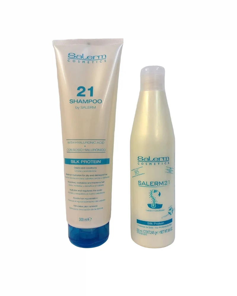 SALERM 21 - Pack Champú Ácido Hialurónico 300ml y Acondicionador sin Aclarado Silk Protein 250ml - Rutina Hidratante Reparadora Cabello Seco y Dañado