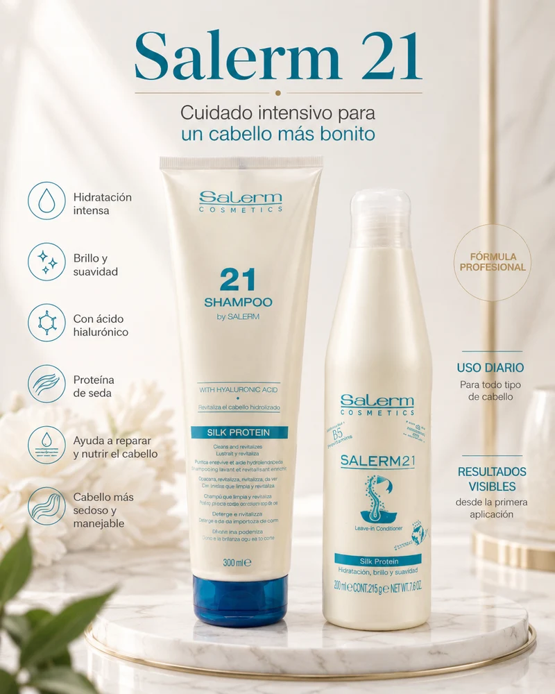 SALERM 21 - Pack Champú Ácido Hialurónico 300ml y Acondicionador sin Aclarado Silk Protein 250ml - Rutina Hidratante Reparadora Cabello Seco y Dañado