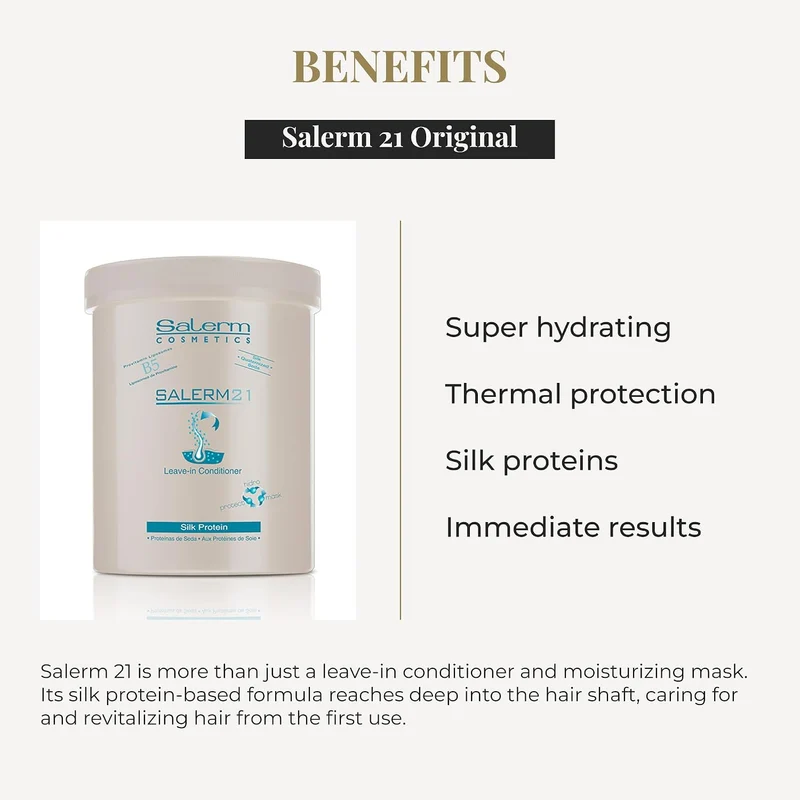 SALERM 21 - Silk Protein Acondicionador sin Aclarado con Proteína de Seda y Provitamina B5 1000 ml - Desenreda y Repara - Protege del Sol y el Cloro
