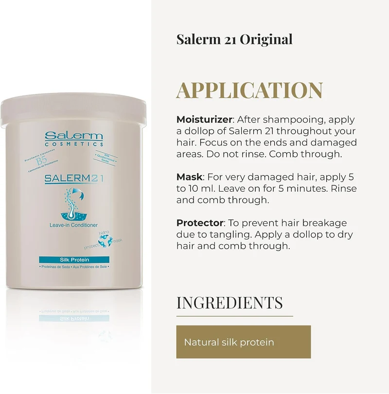SALERM 21 - Silk Protein Acondicionador sin Aclarado con Proteína de Seda y Provitamina B5 1000 ml - Desenreda y Repara - Protege del Sol y el Cloro