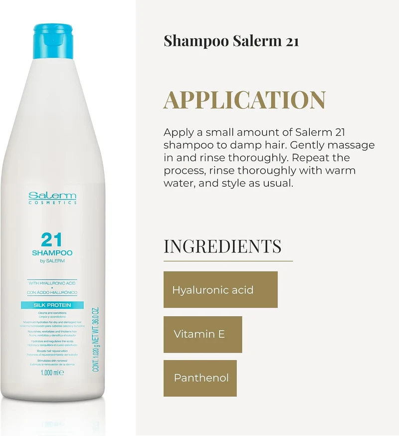 SALERM 21 - Silk Protein Champú Hidratante con Proteínas de Seda y Ácido Hialurónico 1000 ml - Repara y Redensifica al Lavar - Cabello Seco y Dañado