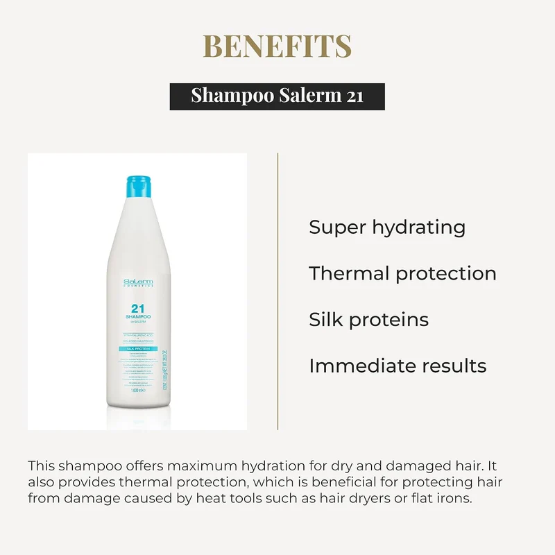 SALERM 21 - Silk Protein Champú Hidratante con Proteínas de Seda y Ácido Hialurónico 1000 ml - Repara y Redensifica al Lavar - Cabello Seco y Dañado