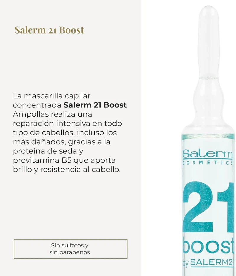 SALERM 21 - Boost Ampollas Reparadoras Concentradas con Proteína de Seda y Provitamina B5 8 x 13 ml - Fórmula 5 Veces Más Concentrada - Antipolución