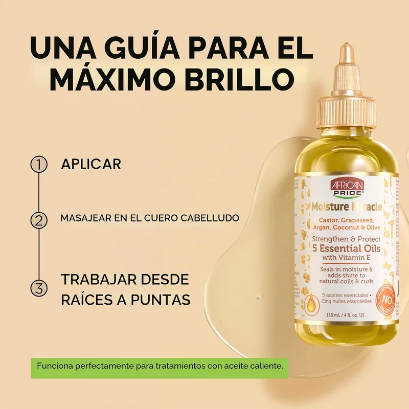 African Pride Moisture Miracle 5 Essential Oils 118 ml - Aceite capilar nutritivo para fortalecer, proteger y sellar la hidratación