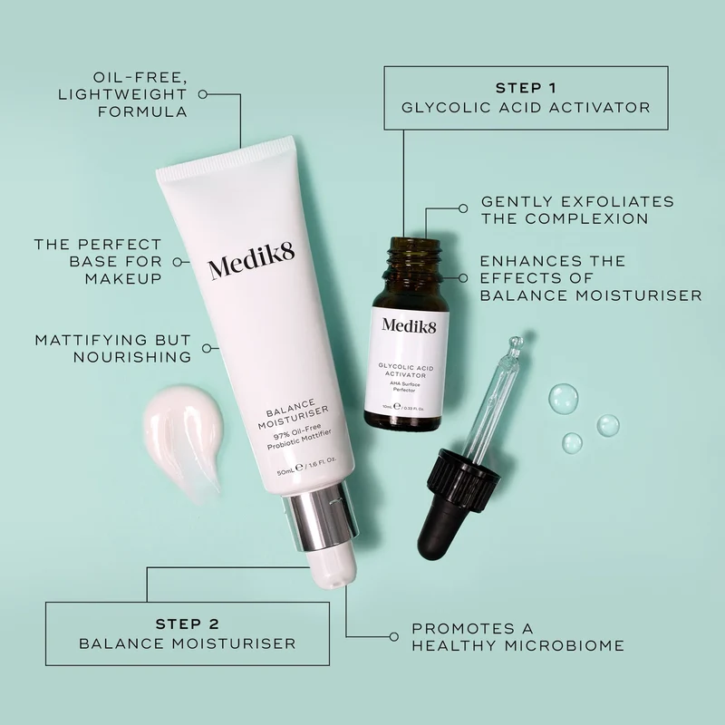 Medik8 Balance Moisturiser with Glycolic Acid Activator 10ml 50ml