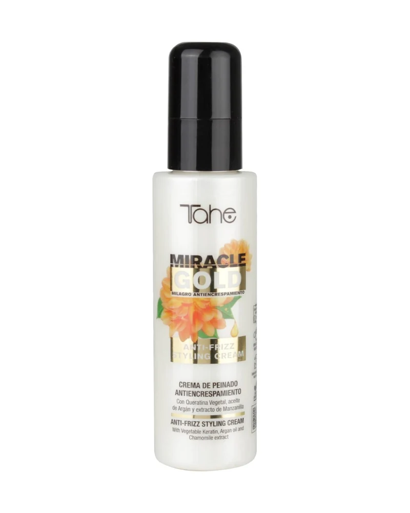 TAHE - Miracle Gold Crema de Peinado Antiencrespamiento con Queratina Argán y Manzanilla 100ml - Doma el Cabello Rebelde y el Frizz - Sin Aclarado
