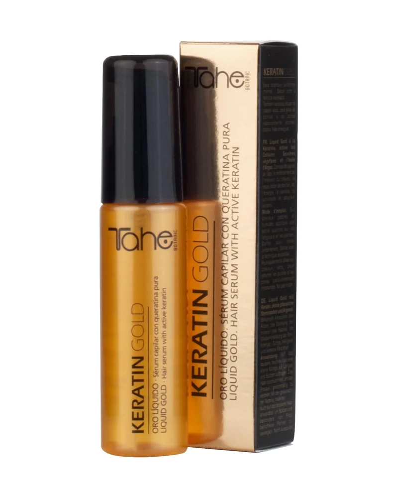 TAHE - Keratin Gold Sérum Capilar Oro Líquido con Queratina Pura, Células Madre Vegetales Activas y Aceite de Argán 30ml - Sella Puntas Abiertas