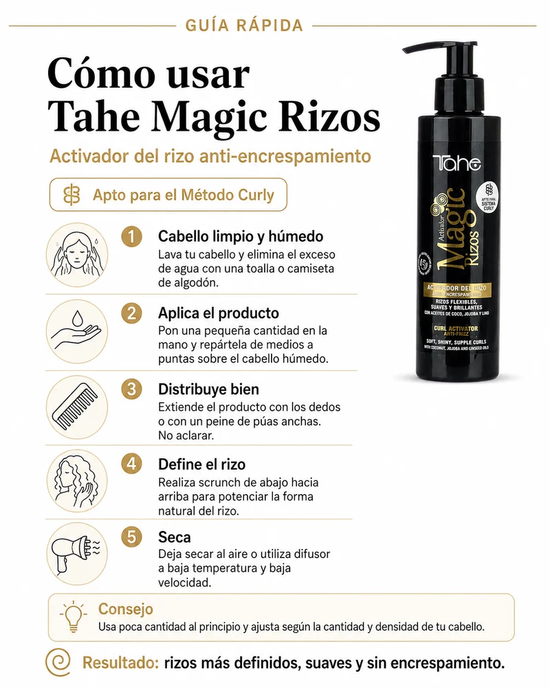 TAHE - Magic Rizos Activador de Rizos Método Curly 200 y 500 ml - Antiencrespamiento, Define e Hidrata sin Apelmazar - Sin Siliconas, Vegano