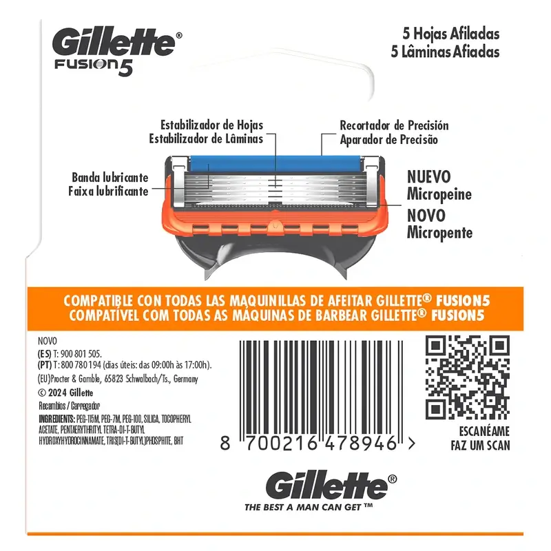 Gillette Fusion5 Proglide 4 Recambios Maquinilla De Afeitar Banda De Gel Lubricante , 4 unidades