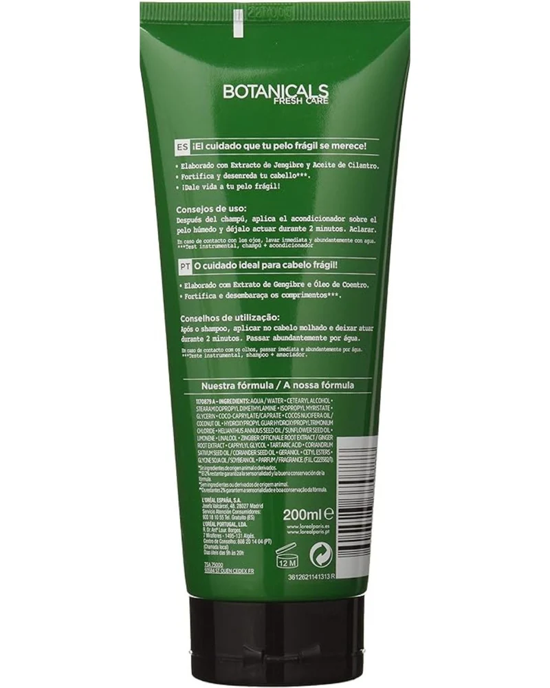 L'Oreal Paris Botanicals Crema Suavizante, Fuente de fuerza para cabellos frágiles, jengibre y cilantro - 200 ml