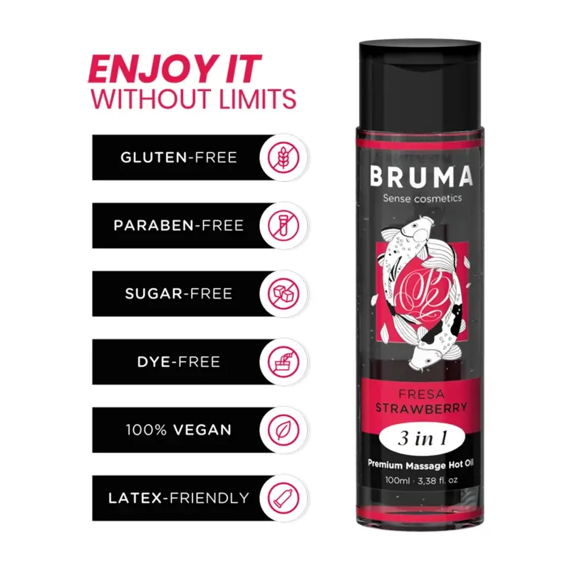 Bruma Aceite De Masaje Premium Efecto Calor Sabor Fresa 3 En 1 , 100 ml