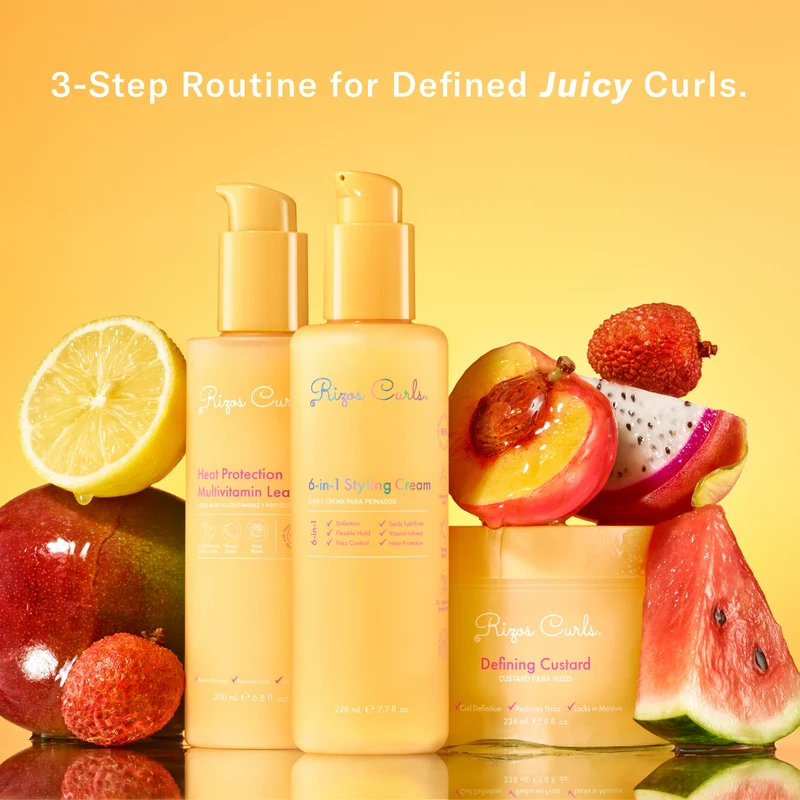 Trío de peinado Juicy: acondicionador sin enjuague, crema de peinado 6 en 1, crema definidora.