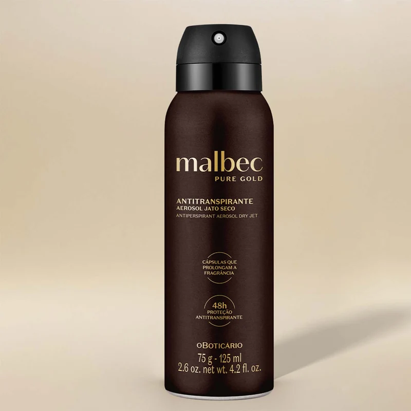 DESODORANTE MASCULINO ANTITRANSPIRANTE AEROSOL MALBEC PURE GOLD 75 g/125 ml
