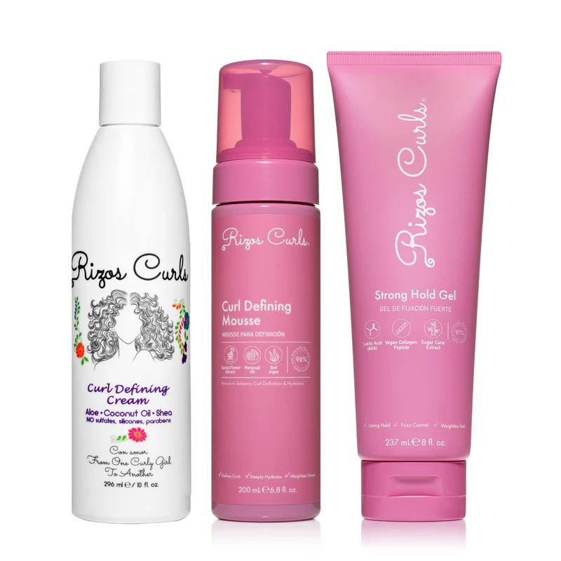 Trío exclusivo de TikTok para definir y fijar rizos: Crema, mousse y gel fijador.