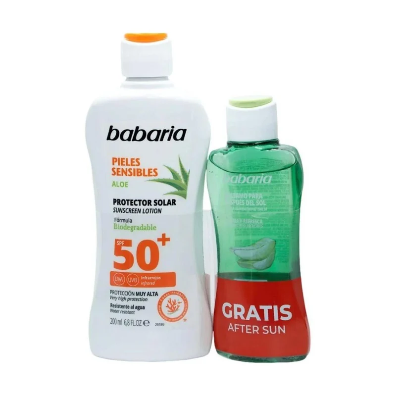 Babaria Aloe Protector Solar Spf50 Piel Sensible Resistente Al Agua 200ml Balsamo After Sun 1u