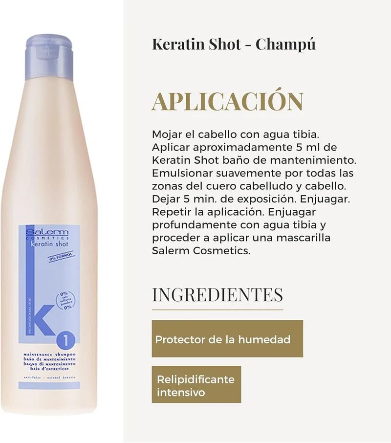 SALERM - Keratin Shot - Champú sin Sulfatos - 500 ml - Preparación y Mantenimiento para Tratamiento de Queratina para Alisar el Cabello - Cabello Suave y Brillante