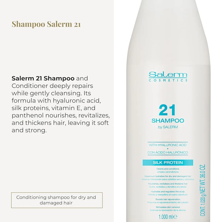 SALERM - Champú Hidratante - Salerm 21 Silk Protein - 1000 ml - Pelo Seco y Dañado - Proteínas de Seda - Nutre, Repara y Revitaliza el Cabello - Protección Térmica
