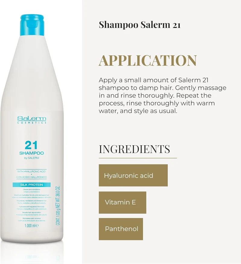 SALERM - Champú Hidratante - Salerm 21 Silk Protein - 1000 ml - Pelo Seco y Dañado - Proteínas de Seda - Nutre, Repara y Revitaliza el Cabello - Protección Térmica