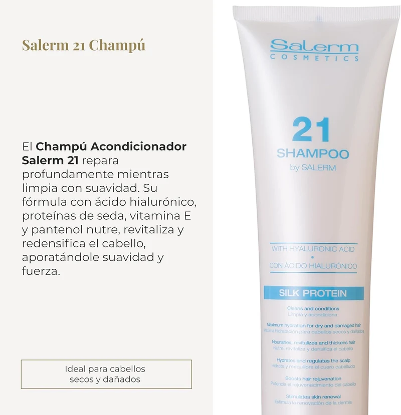 SALERM - Champú Hidratante - Salerm 21 Silk Protein - 300 ml - para Pelo Seco y Dañado - con Proteínas de Seda - Nutre, Repara y Revitaliza el Cabello - Protección Térmica