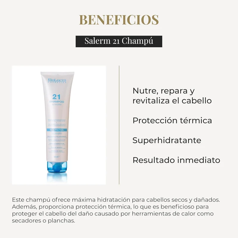 SALERM - Champú Hidratante - Salerm 21 Silk Protein - 300 ml - para Pelo Seco y Dañado - con Proteínas de Seda - Nutre, Repara y Revitaliza el Cabello - Protección Térmica