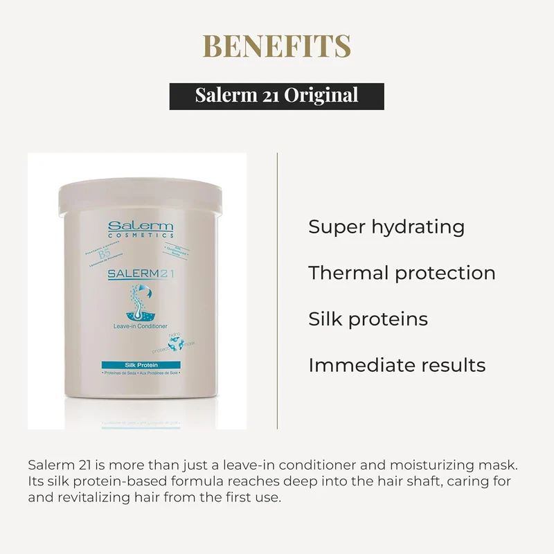 SALERM - Acondicionador de Pelo Instantáneo - Salerm 21 Silk Protein - 1000 ml - Acondicionador sin Aclarado o con Aclarado - con Proteínas de Seda - Protector del Calor e Hidratante