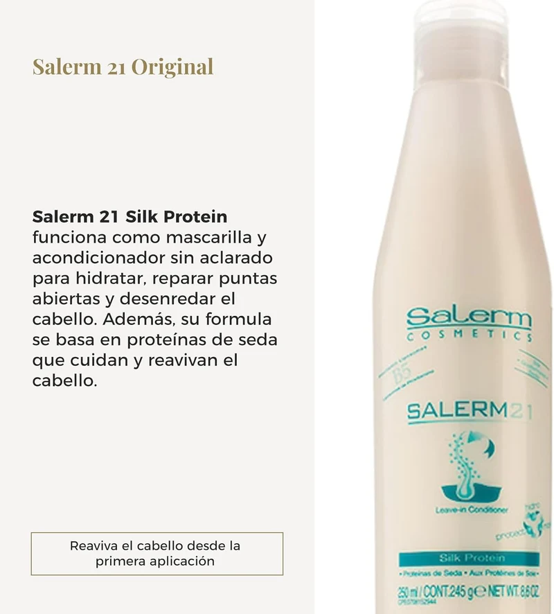 SALERM - Acondicionador de Pelo Instantáneo - Salerm 21 Silk Protein - 250 ml - sin Aclarado o con Aclarado - con Proteínas de Seda - Protector del Calor e Hidratante