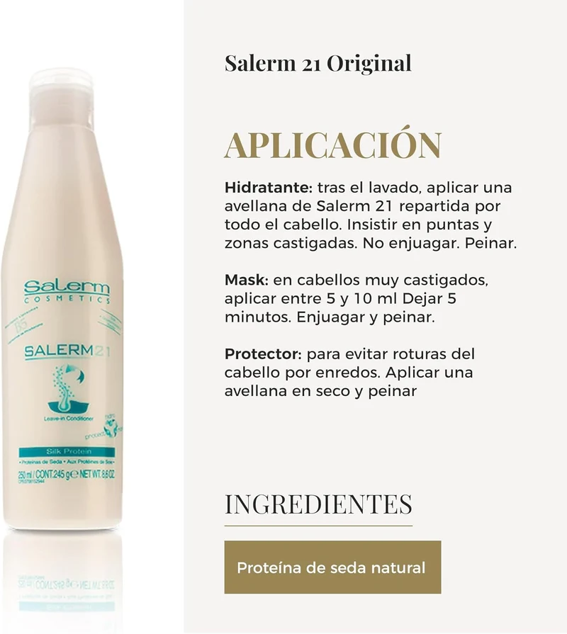 SALERM - Acondicionador de Pelo Instantáneo - Salerm 21 Silk Protein - 250 ml - sin Aclarado o con Aclarado - con Proteínas de Seda - Protector del Calor e Hidratante