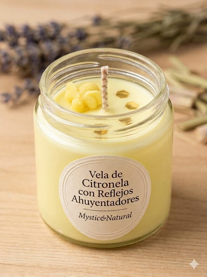Vela de citronela con reflejos ahuyentadores