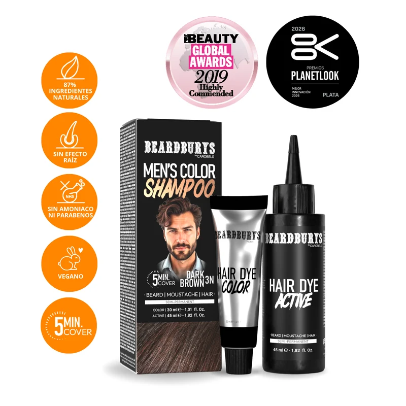 Champú color para hombre 3N Castaño Oscuro| Pelo, Barba y Bigote