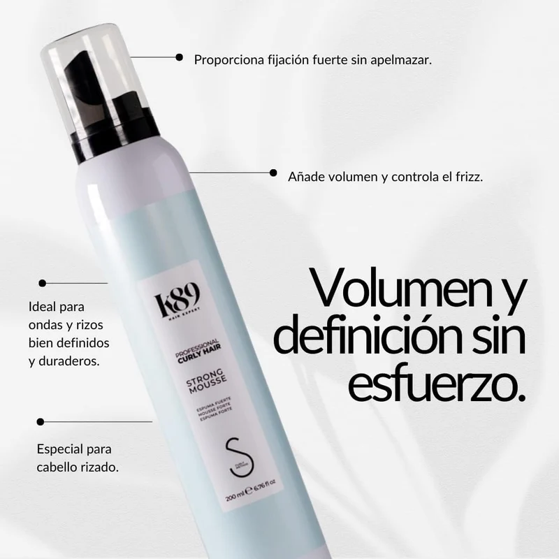 K89 - Professional Curly Hair Mousse Strong Espuma de Fijación Fuerte 200ml - Define y Da Volumen sin Apelmazar - Sin Alcohol, Apta Método Curly