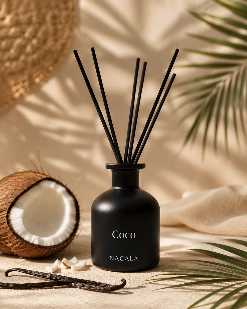 Ambientador Mikado Coco NACALA 150ml | Varillas de ratán para hogar, baño y recepción | Aroma de coco de larga duración, 1-2 meses