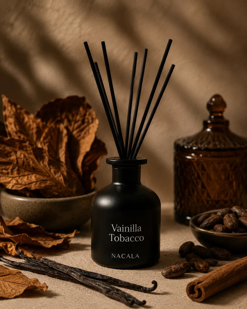 Ambientador mikado 150ml NACALA - Vainilla Tobacco (Spray, Coche o Mikado) - Olor a Tabaco Especiado, Vainilla y Cacao - Fragancia de Lujo