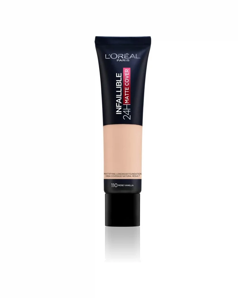 L'ORÉAL PARIS - Infaillible 32H Matte Cover Base de Maquillaje Alta Cobertura Mate Tono 110 30ml con Niacinamida 4% Ácido Salicílico y FPS 25 Larga Duración Control de Brillo Piel Grasa y Mixta