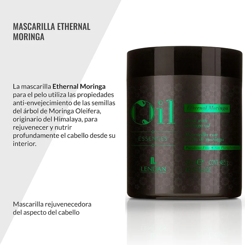 LENDAN - Ethernal Moringa Mascarilla Hidratante y Reparadora con Aceite de Moringa 500 ml - Nutre y Fortalece el Cabello Castigado - Efecto Antiedad