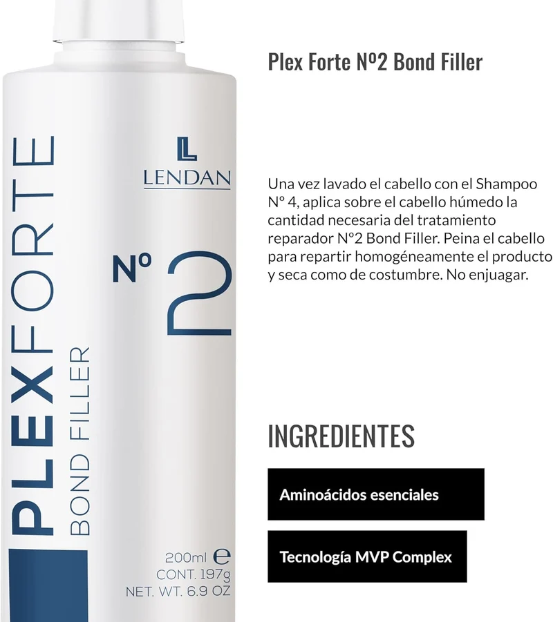 LENDAN - Plex Forte Nº2 Bond Filler Tratamiento Reparador sin Aclarado con Aminoácidos 200 ml - Refuerza los Enlaces del Cabello Teñido y Decolorado