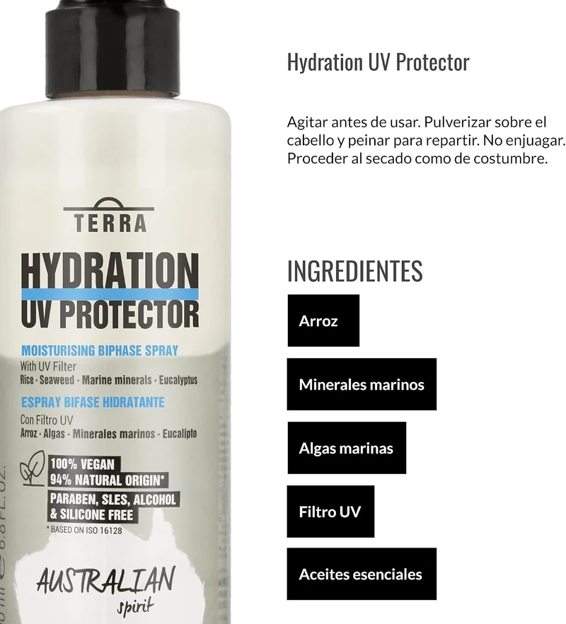 LENDAN - Terra Hydration UV Protector Spray Bifásico sin Aclarado 200 ml - Protege del Sol y Desenreda sin Apelmazar - Previene la Rotura del Cabello