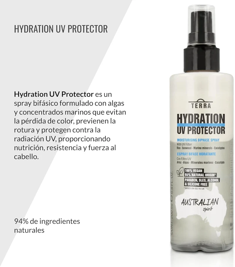 LENDAN - Terra Hydration UV Protector Spray Bifásico sin Aclarado 200 ml - Protege del Sol y Desenreda sin Apelmazar - Previene la Rotura del Cabello