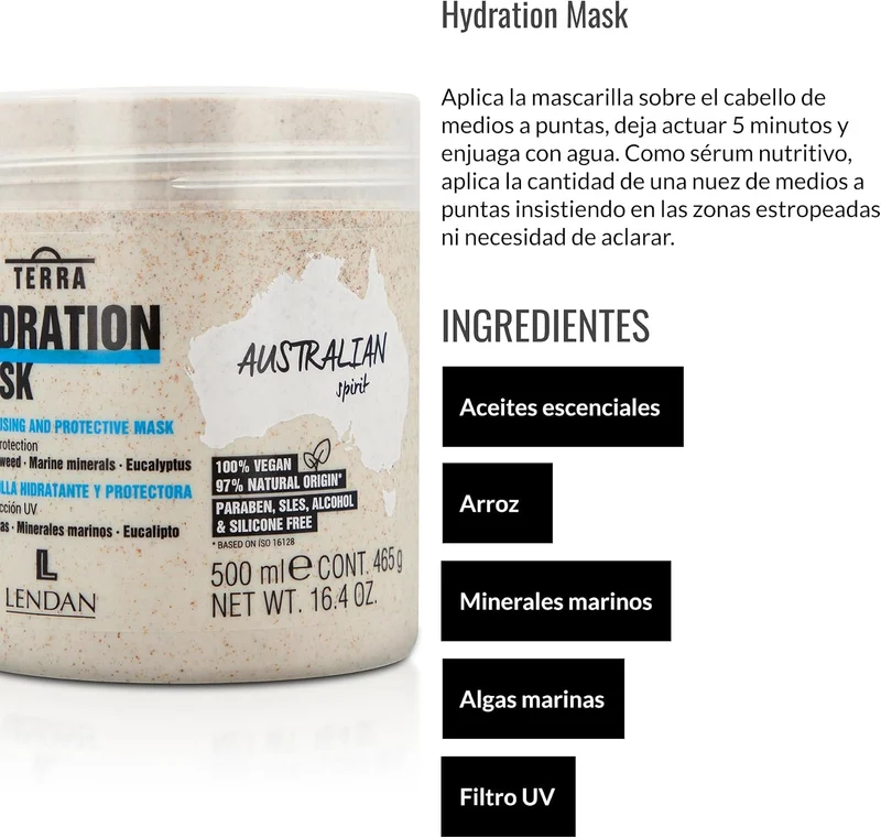 LENDAN - Terra Hydration Mask Mascarilla Hidratante con Filtro UV, Algas y Arroz 500 ml - Protege del Sol y Prolonga el Color - Cabello Seco y Dañado