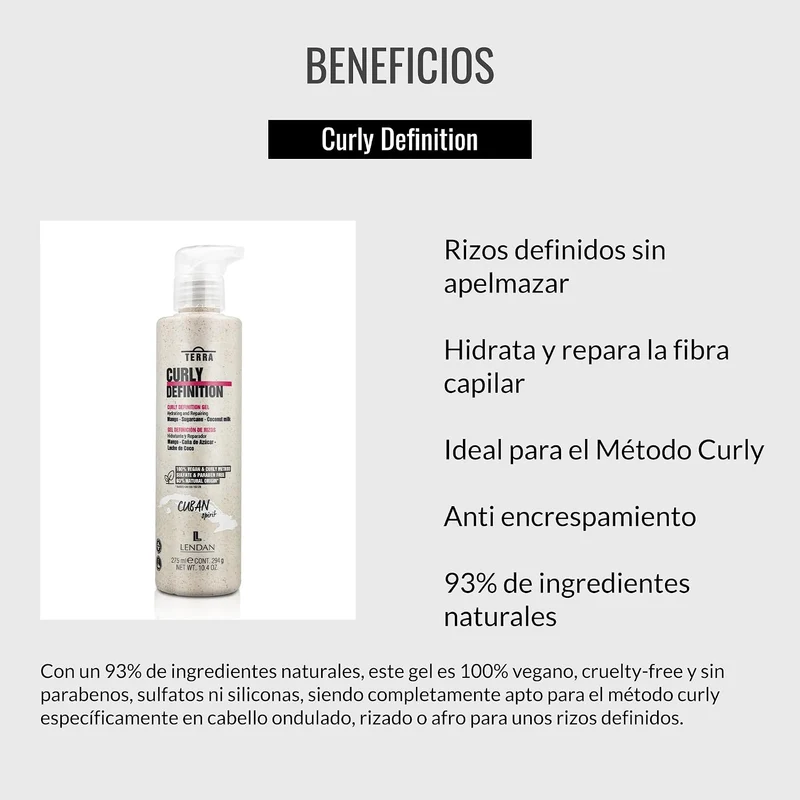 LENDAN - Terra Curly Definition Gel Definidor de Rizos Método Curly 275 ml - Define sin Apelmazar ni Encrespar - Mango, Caña de Azúcar y Coco